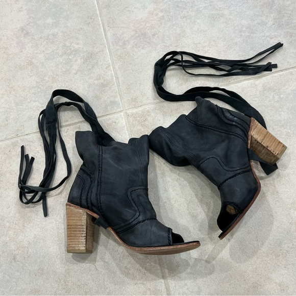 Free People Seven Wonders Leather Ankle Boots Open Toe Booties / Dark Charcoal - Picture 6 of 13